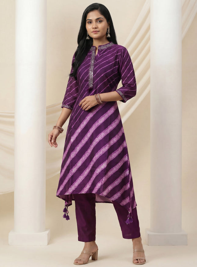 Purple Muslin Tail cut Kurti and Pant Set