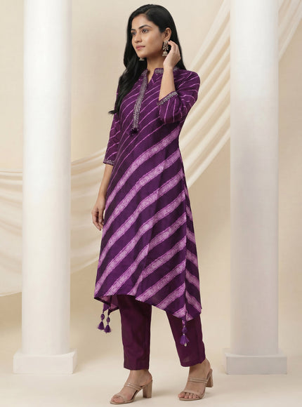 Purple Muslin Tail cut Kurti and Pant Set