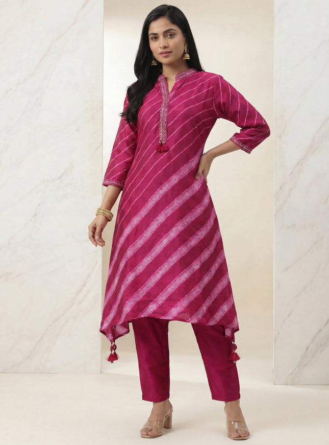 Pink Muslin Tail cut Kurti and Pant Set