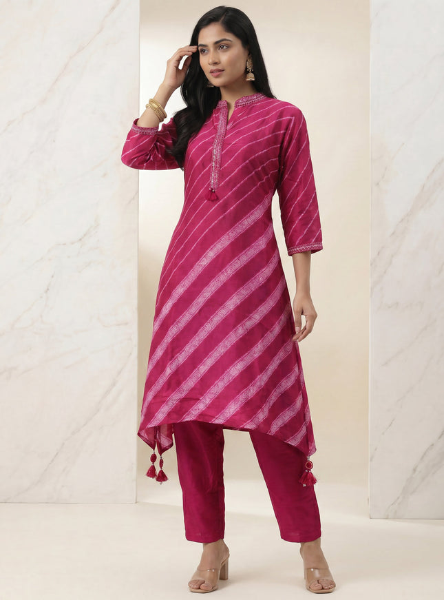 Pink Muslin Tail cut Kurti and Pant Set