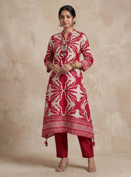 Red Muslin Tail cut Kurti and Pant Set
