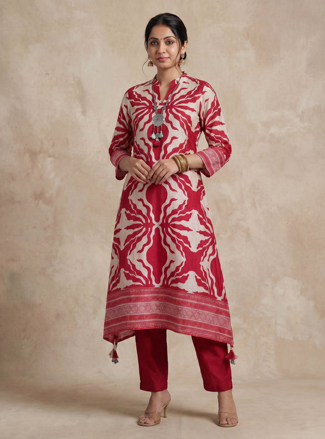 Red Muslin Tail cut Kurti and Pant Set