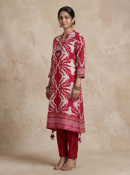 Red Muslin Tail cut Kurti and Pant Set