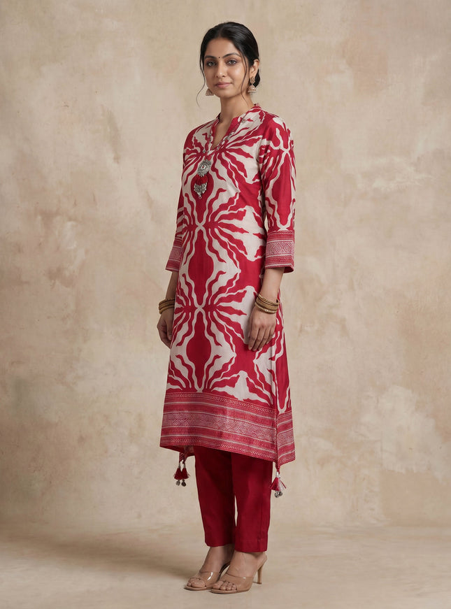 Red Muslin Tail cut Kurti and Pant Set
