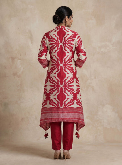 Red Muslin Tail cut Kurti and Pant Set