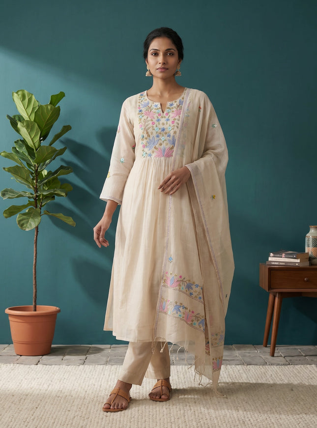 Off White Mul Chanderi Anarkali Suit