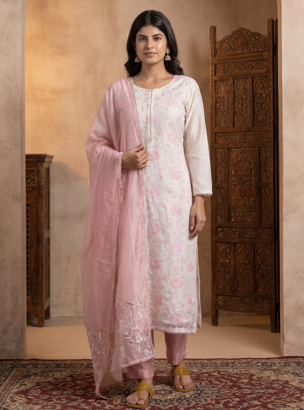 Off White-Mild Peach Mul Chanderi Salwar Suit