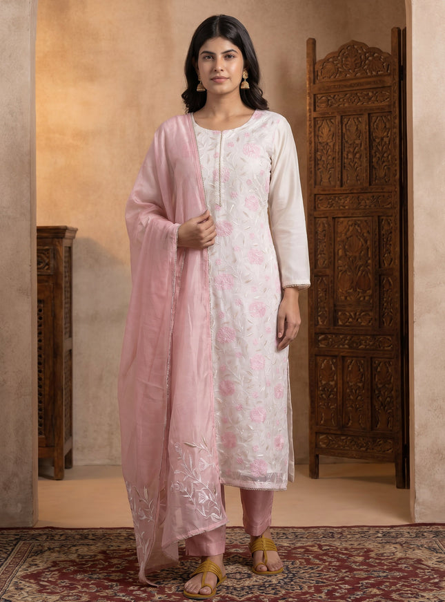 Off White-Mild Peach Mul Chanderi Salwar Suit