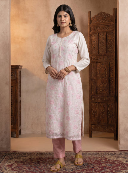 Off White-Mild Peach Mul Chanderi Salwar Suit