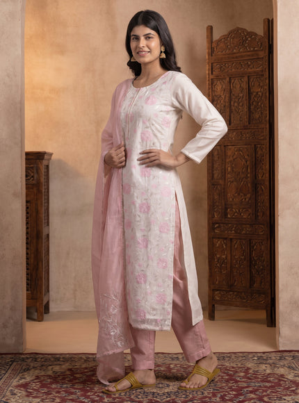 Off White-Mild Peach Mul Chanderi Salwar Suit