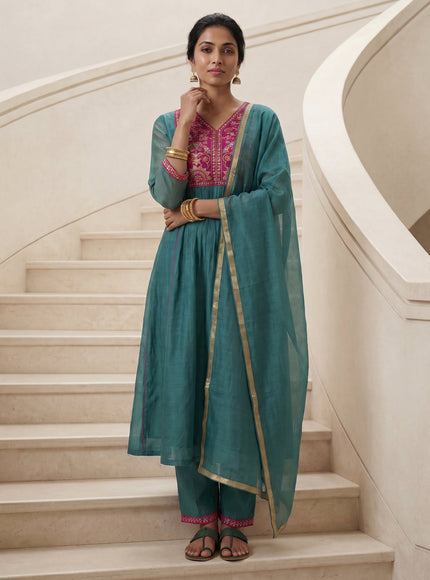 Pastel Green Mul Chanderi Anarkali Suit