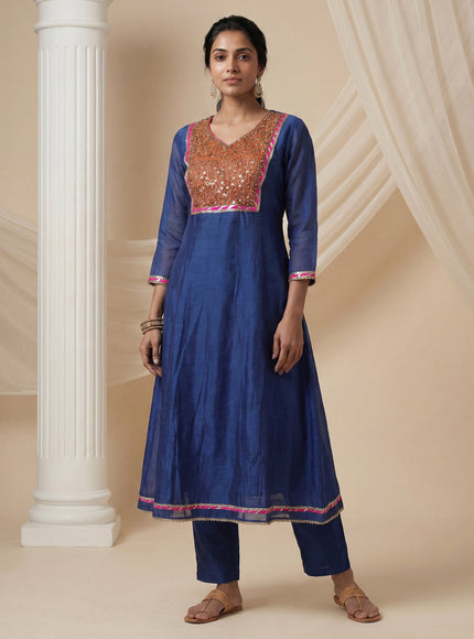 Blue-Pink Mul Chanderi Anarkali Suit