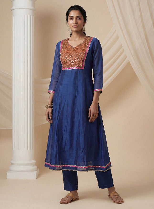 Blue-Pink Mul Chanderi Anarkali Suit