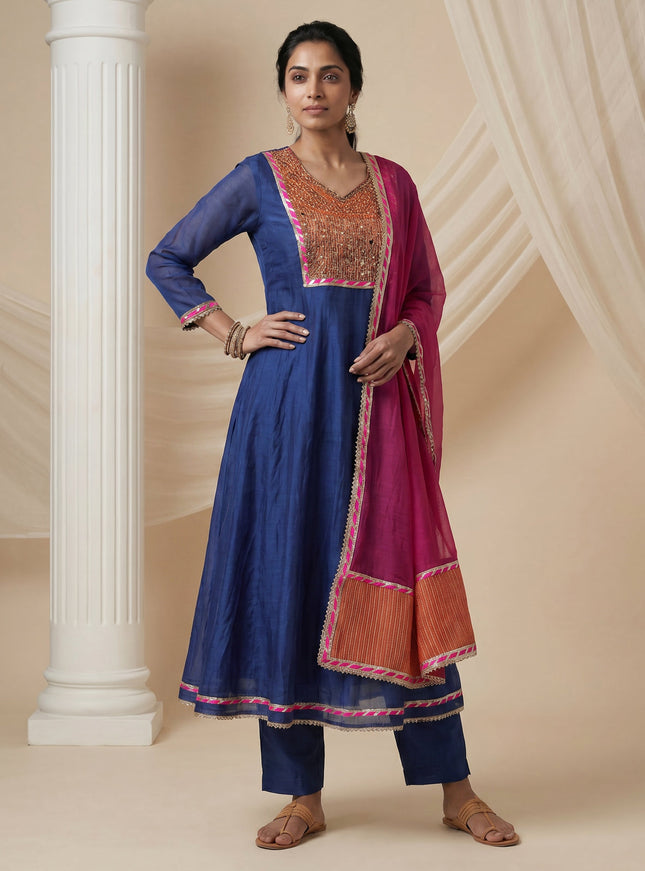 Blue-Pink Mul Chanderi Anarkali Suit