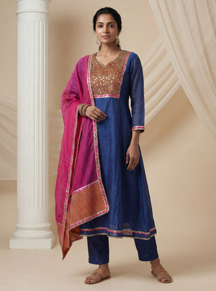 Blue-Pink Mul Chanderi Anarkali Suit