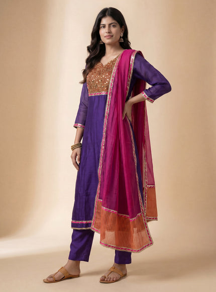 Purple-Pink Mul Chanderi Anarkali Suit