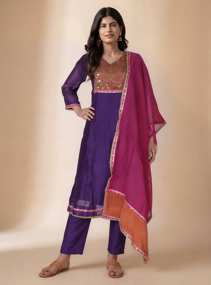 Purple-Pink Mul Chanderi Anarkali Suit