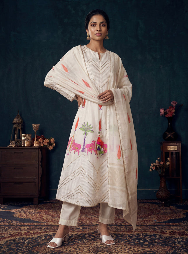 Off White Pure Chanderi Anarkali Suit