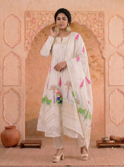 Off White Pure Chanderi Anarkali Suit