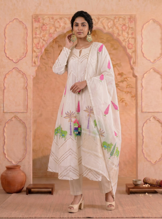Off White Pure Chanderi Anarkali Suit