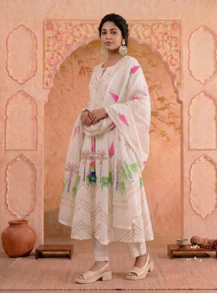 Off White Pure Chanderi Anarkali Suit