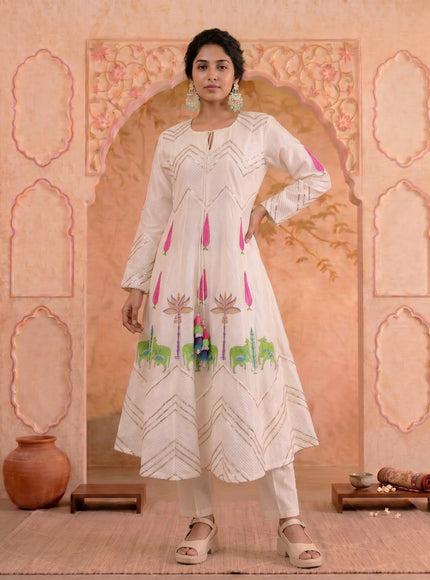 Off White Pure Chanderi Anarkali Suit