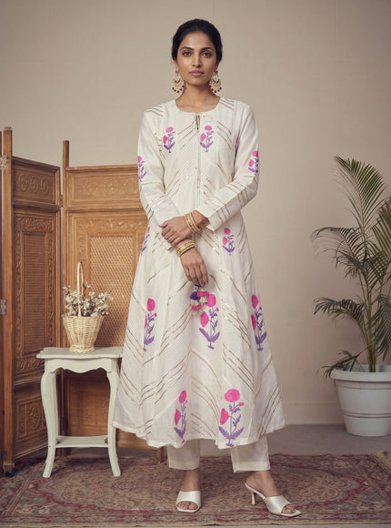 Off White Pure Chanderi Anarkali Suit