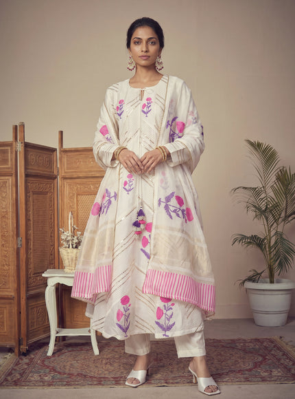 Off White Pure Chanderi Anarkali Suit