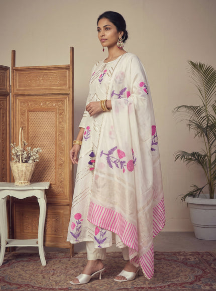 Off White Pure Chanderi Anarkali Suit