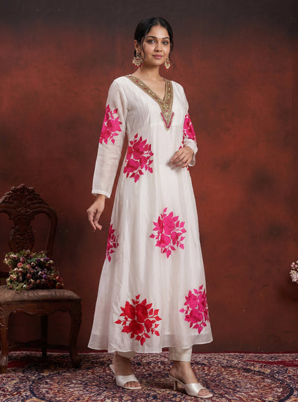Off White-Pink Pure Chanderi Anarkali Suit