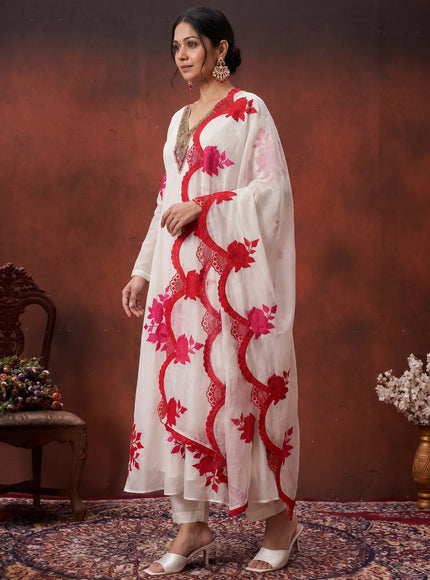 Off White-Pink Pure Chanderi Anarkali Suit