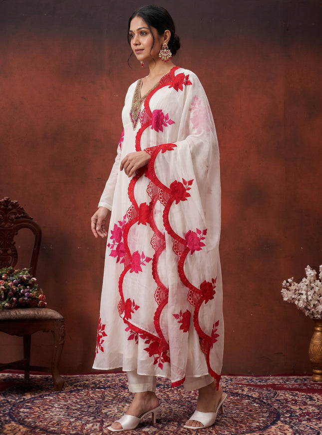 Off White-Pink Pure Chanderi Anarkali Suit