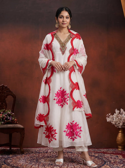 Off White-Pink Pure Chanderi Anarkali Suit