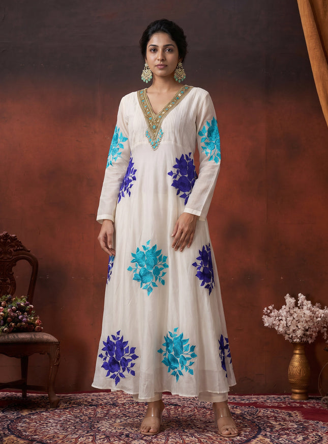 Off White Pure Chanderi Anarkali Suit
