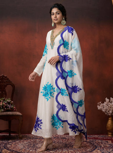 Off White Pure Chanderi Anarkali Suit