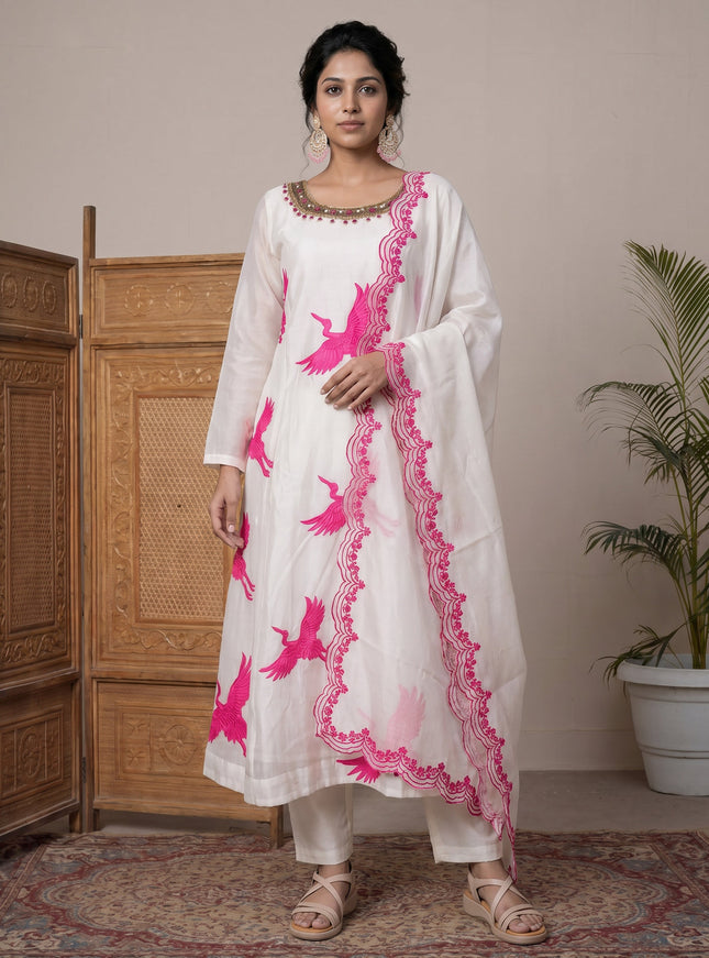Off White-Pink Pure Chanderi Anarkali Suit