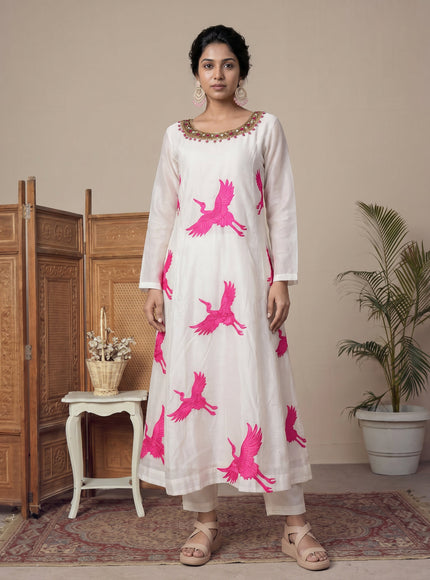 Off White-Pink Pure Chanderi Anarkali Suit
