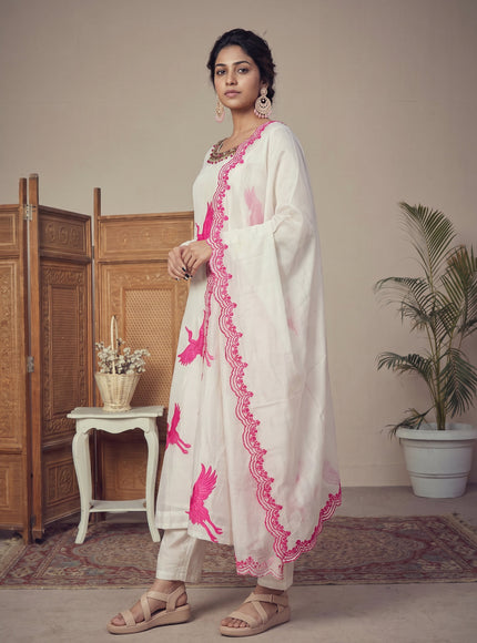 Off White-Pink Pure Chanderi Anarkali Suit