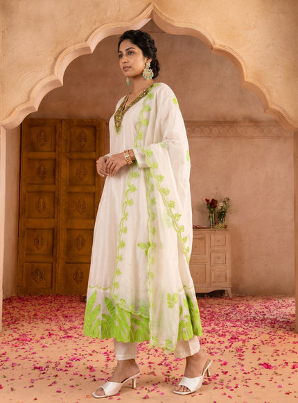 Off White-Light Green Pure Chanderi Anarkali Suit