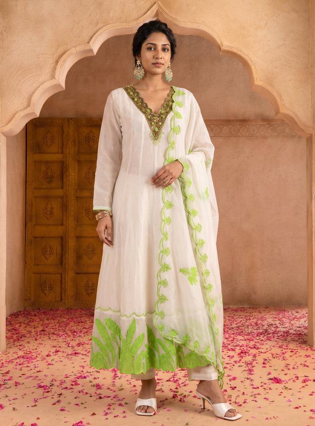 Off White-Light Green Pure Chanderi Anarkali Suit
