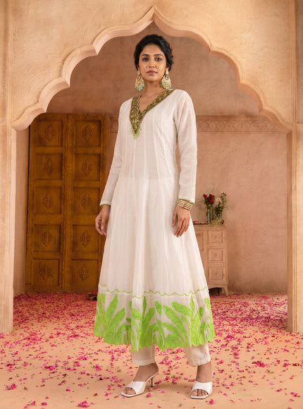 Off White-Light Green Pure Chanderi Anarkali Suit