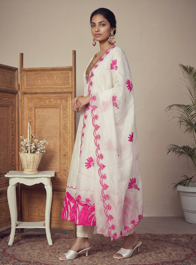 Off White Pure Chanderi Anarkali Suit