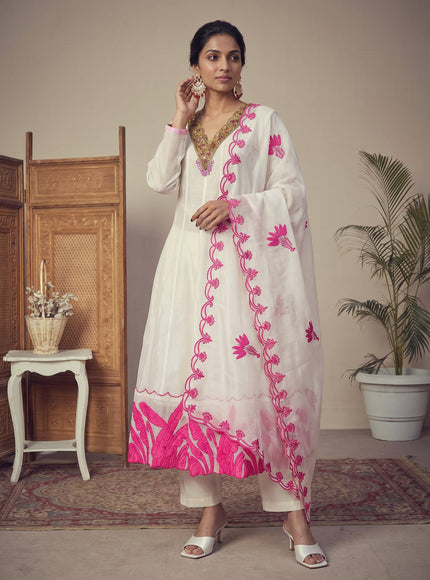 Off White Pure Chanderi Anarkali Suit