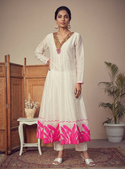 Off White Pure Chanderi Anarkali Suit