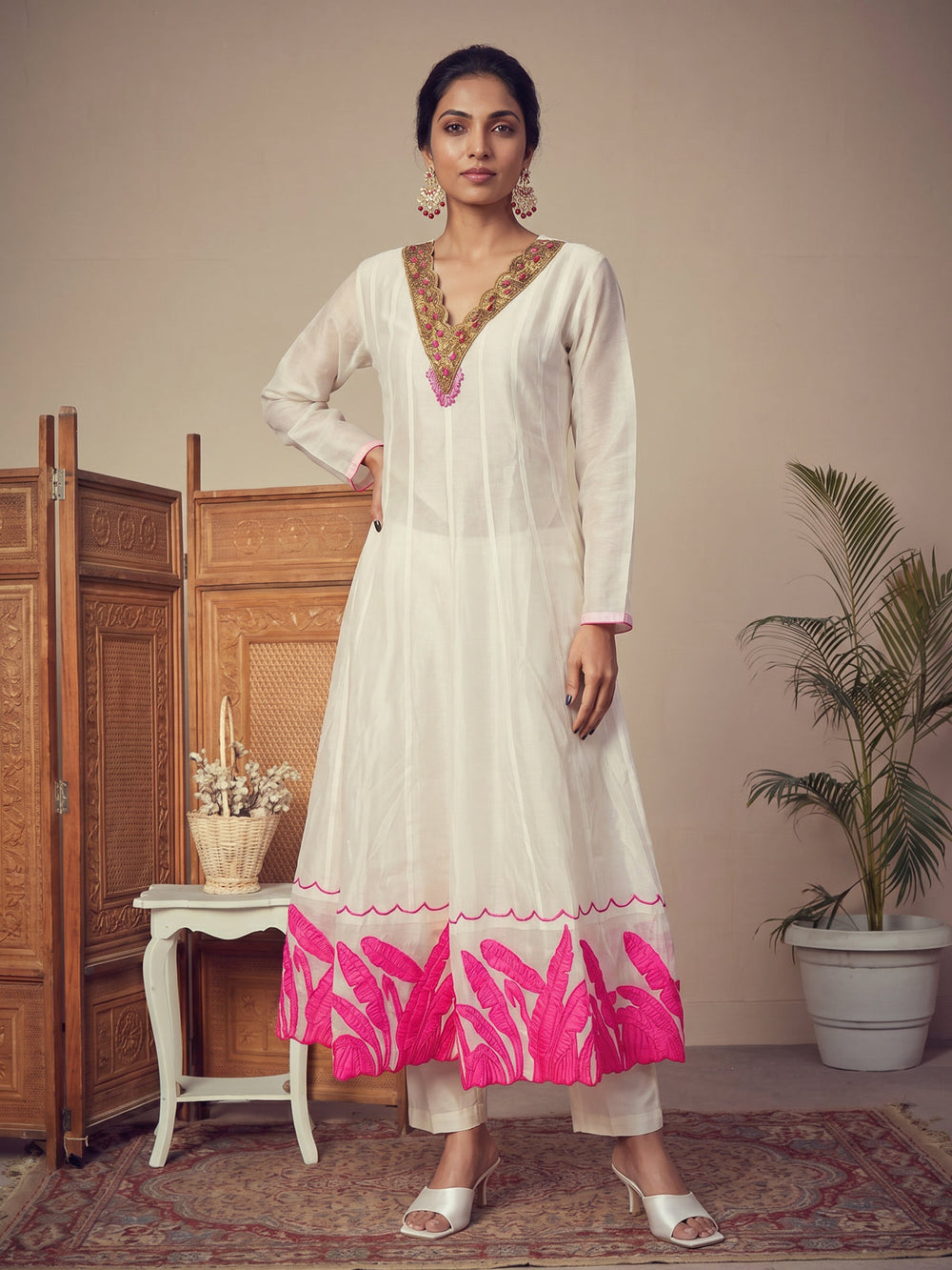 Off White Pure Chanderi Anarkali Suit