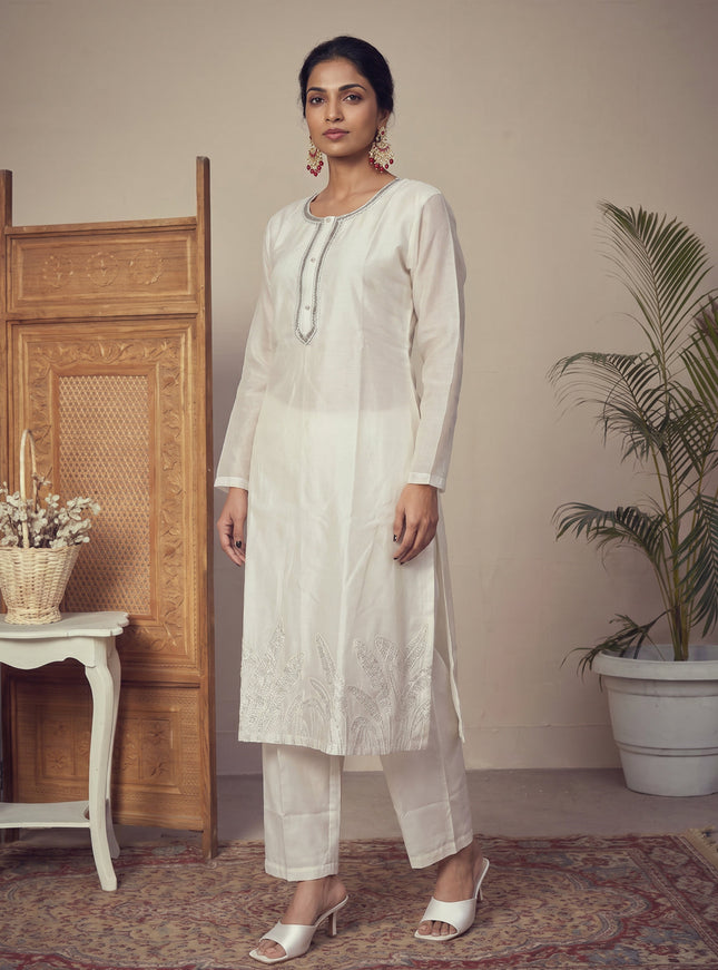 Off White Pure Chanderi Salwar Suit