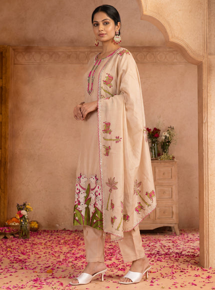 Beige Pure Chanderi Salwar Suit