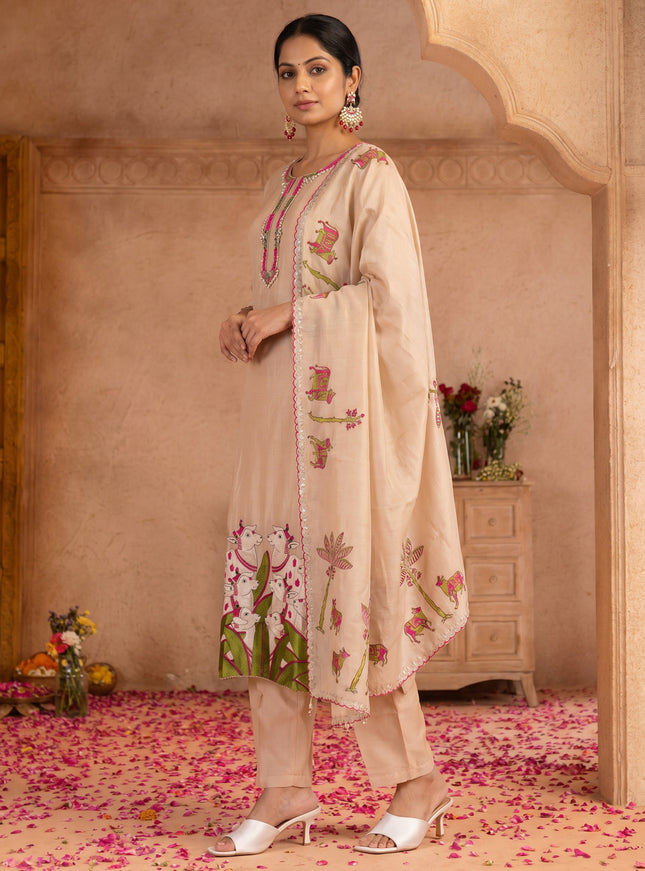 Beige Pure Chanderi Salwar Suit
