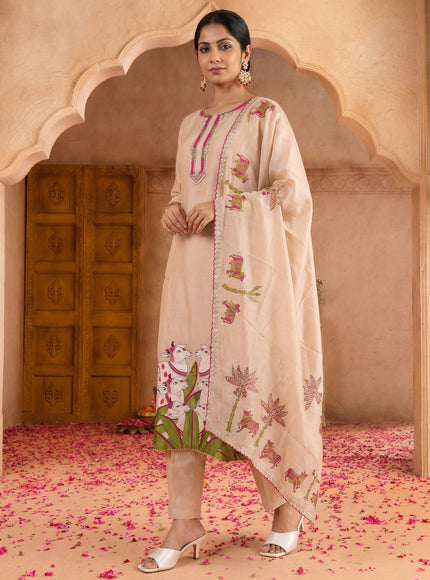 Beige Pure Chanderi Salwar Suit