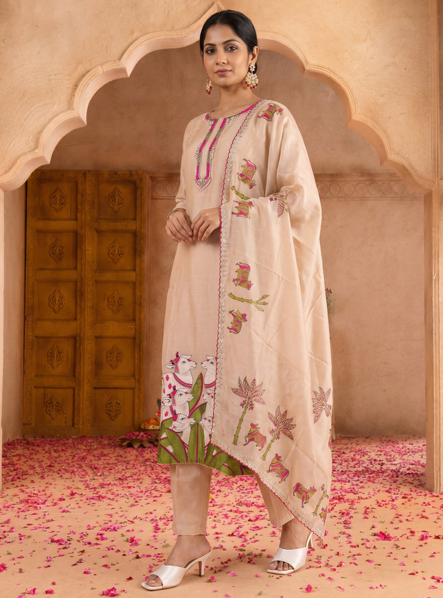 Beige Pure Chanderi Salwar Suit